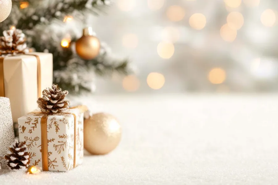 Festlich verpackte Geschenke und goldene Christbaumkugeln vor dem Weihnachtsbaum im STRANDHAUS Ahrenshoop.