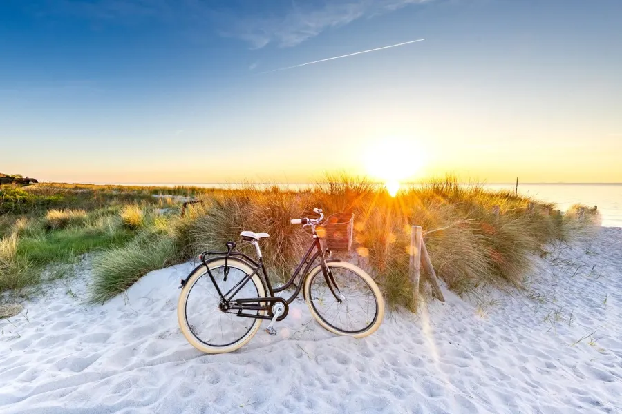 Retro-Fahrrad mit Korb steht im Sand zwischen Dünengras am Strand vom STRANDHAUS Ahrenshoop.
