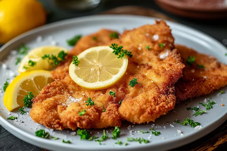 Zwei goldbraun panierte Schnitzel auf einem grauen Teller, garniert mit Zitronenscheiben, Petersilie und grobem Salz.