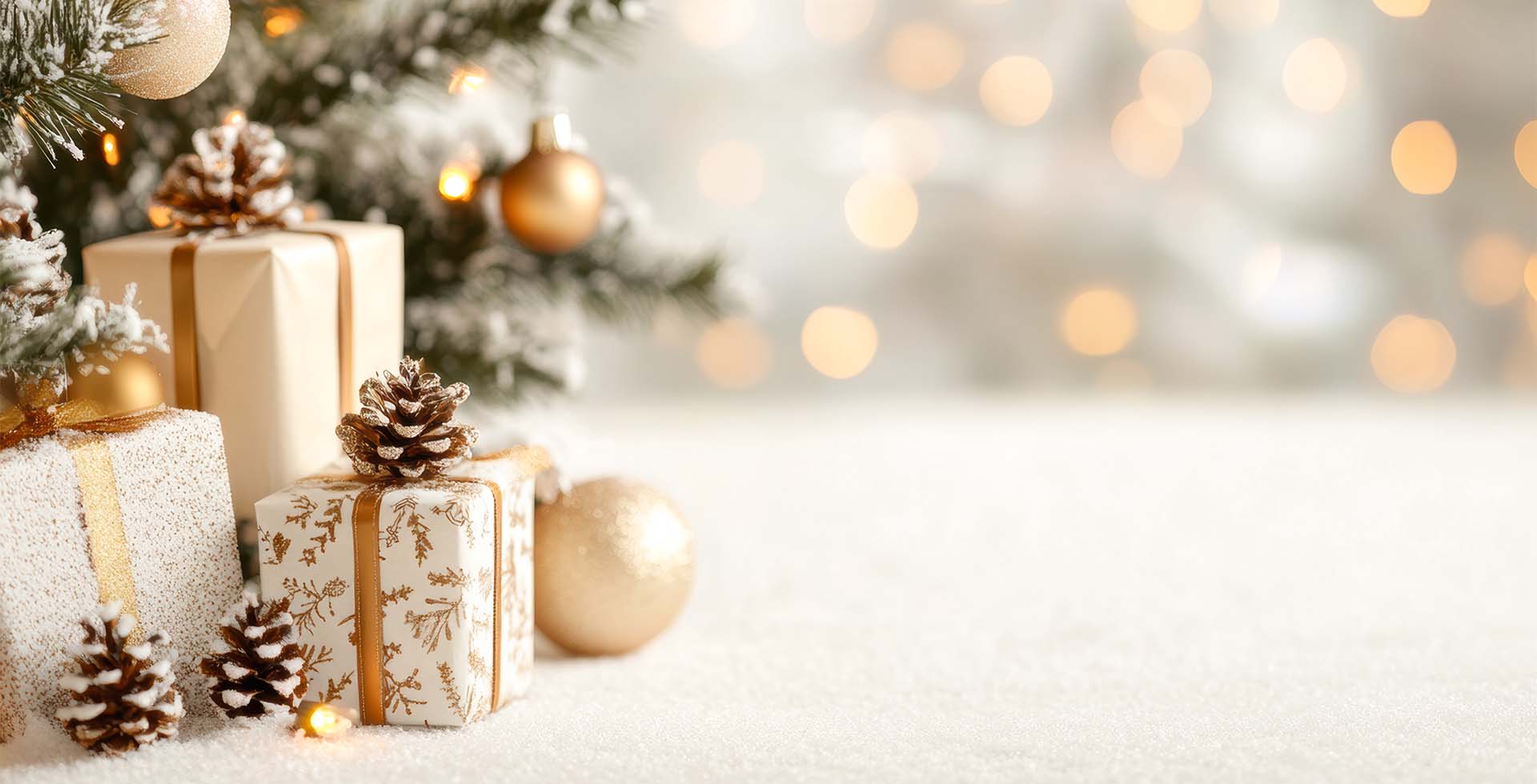 Festlich verpackte Geschenke und goldene Christbaumkugeln vor dem Weihnachtsbaum im STRANDHAUS Ahrenshoop.