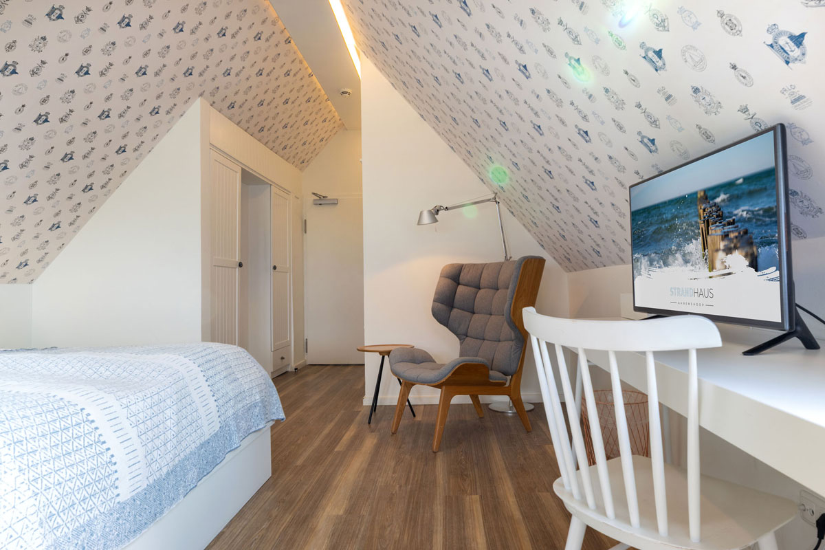 Sitzbereich im Dachzimmer Meerseite des STRANDHAUS Ahrenshoop mit grauem Sessel, Schreibtisch, TV und maritimer Tapete.